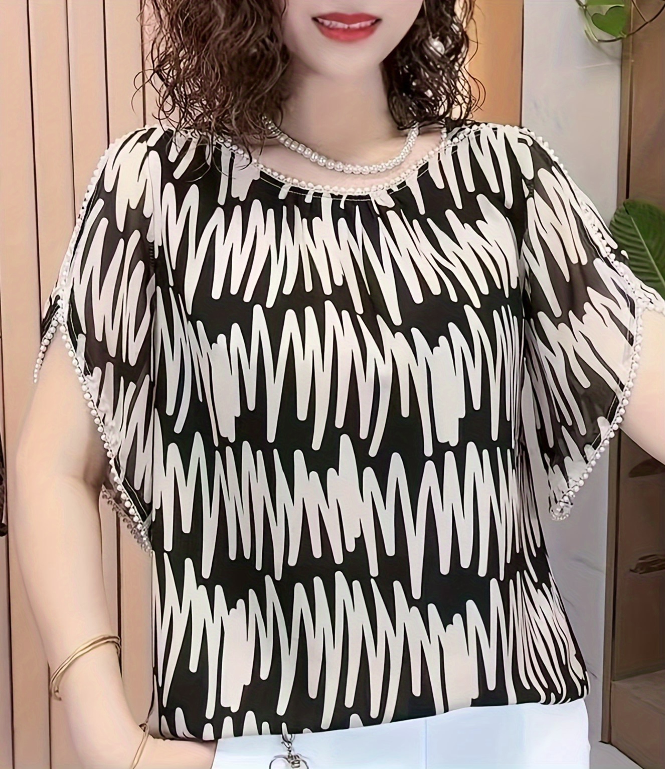 graphic print beaded trim blouse casual split sleeve blouse for spring summer womens clothing details 0