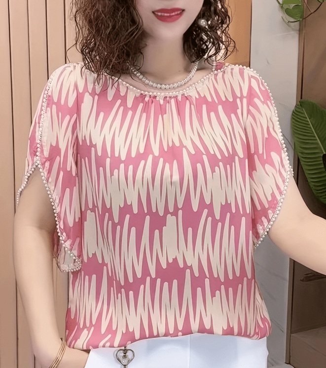 graphic print beaded trim blouse casual split sleeve blouse for spring summer womens clothing details 2