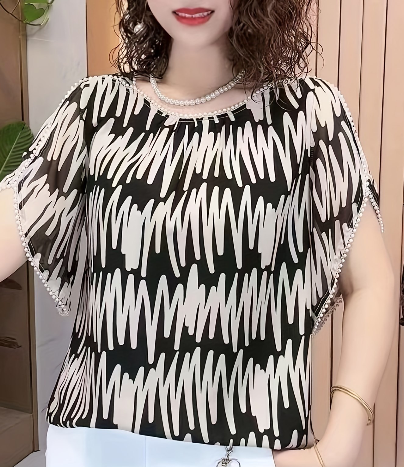 graphic print beaded trim blouse casual split sleeve blouse for spring summer womens clothing details 3