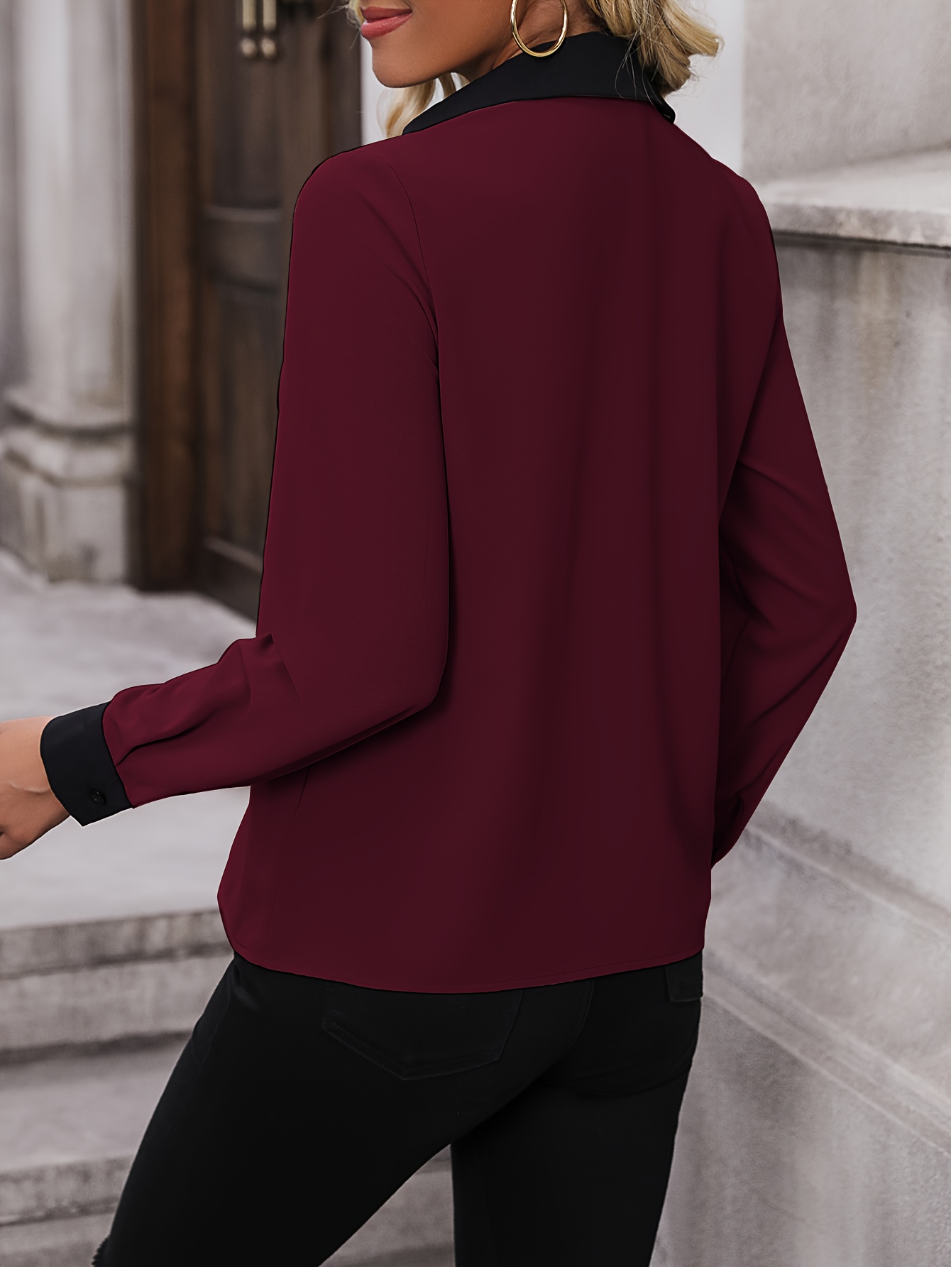 color block simple blouse elegant v neck long sleeve work blouse womens clothing details 1