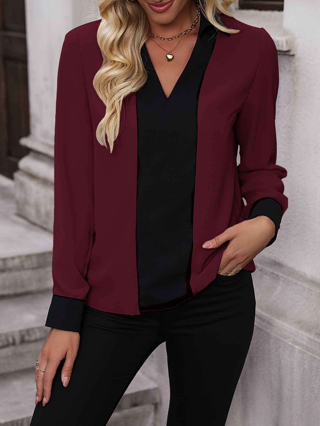 color block simple blouse elegant v neck long sleeve work blouse womens clothing details 3