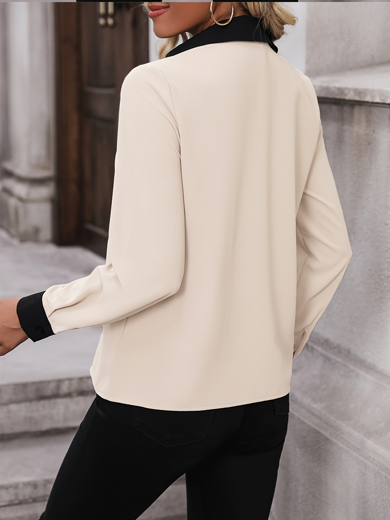 color block simple blouse elegant v neck long sleeve work blouse womens clothing details 5