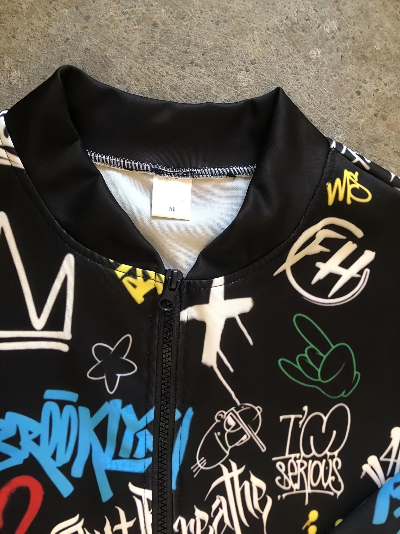 mens stylish graffiti digital print baseball collar bomber jacket long sleeve zip up sports outwear spring fall details 7